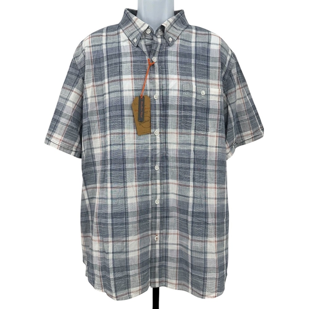 Weatherproof Vintage Short Sleeve Shirt Poseidon Blue Plaid Cotton Men's XXL NWT